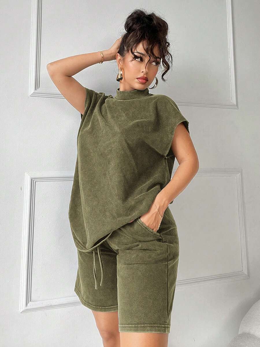 SHEIN SXY 2 piezas Conjunto de sudadera vintage de estilo desgastado y pantalones cortos de pierna ancha de verano, conjunto informal