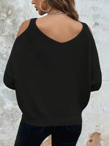 SHEIN Clasi 大码扭纹前 V 形后背长袖露肩毛衣 - 黑色 - 查看 2