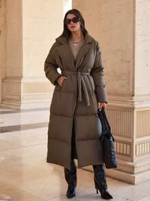 RueChic 女士纯色翻领长袖休闲宽松棉服外套，冬季 - 米色 - 查看 1