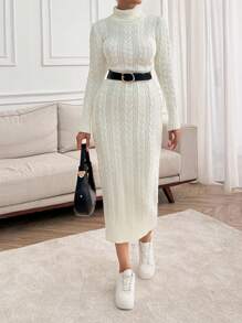 SHEIN Cottnline Elegant Cable Knit Pattern Long Fitted Sweater Dress, Autumn Winter - Beige - View 5