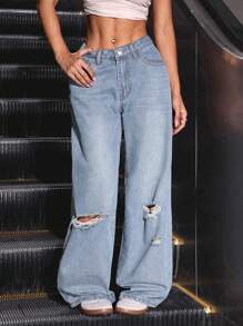 SHEIN PETITE Women's Loose Straight Leg Ripped Pocket Denim Jeans, Casual & Versatile - Light Wash - View 1