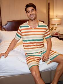 CoupledUp Multicolor Striped Print Short Sleeve Shorts Men Pajama Set - Multicolor - View 2