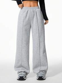 Coolane 女士纯色休闲运动日常休闲带羊毛口袋抽绳直筒休闲宽松舒适运动宽松运动裤秋冬季 - 灰色 - 查看 4