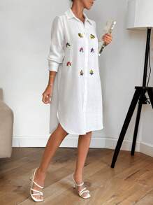 EURMUSE Rhinestone Detailed Long Sleeve Midi Dress - White - View 4