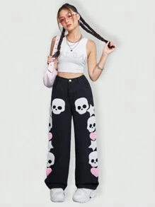 SHEIN Explorewe 少女时尚别致个性化骷髅植绒宽松休闲牛仔裤，适合万圣节派对 - 黑色 - 查看 3