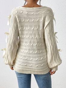 Chiquease Women's Solid Color Round Neck Hollow Out Long Sleeve Bow Decor Sweater, Autumn & Winter, Knit Pullover Fall - Apricot - View 2