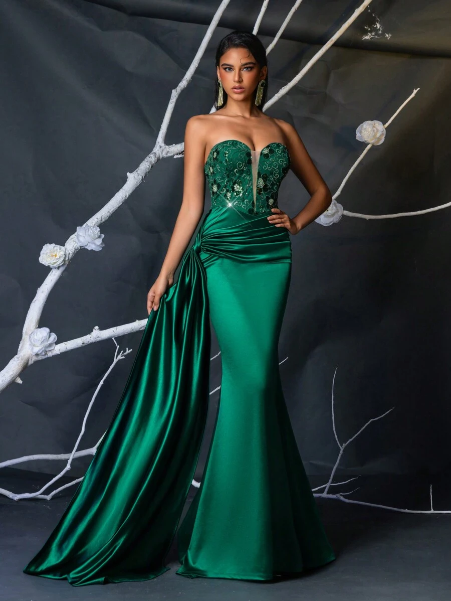SHEIN Belle Elegante vestido de cola de sirena de satén brillante con pliegues en la cintura alta, cuello en V profundo y aplicaciones de lentejuelas tridimensionales verdes de lujo, adecuado para todas las ocasiones formales, cena de industria pesada, baile de graduación, invitado de boda - Verde - Ver 1