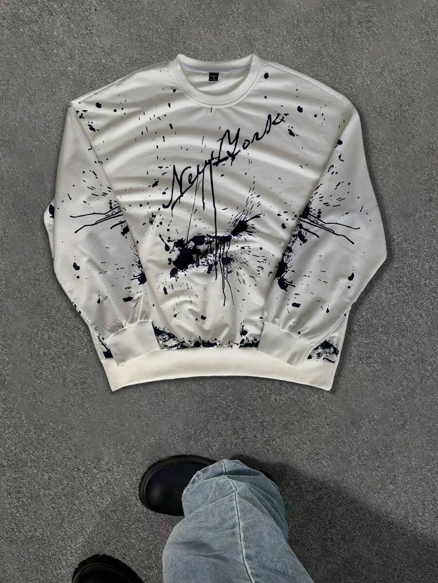 Manfinity EMRG Men's Casual Letter Print Drop Shoulder Pullover Sweatshirt, Fall/Winter - White - View 1