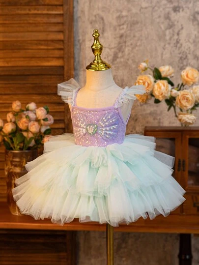 Glamorique Kids 女婴派对装紫绿色公主裙，女童盖袖亮片贝壳珍珠装饰蛋糕风格连衣裙，绿色薄纱舞台表演日常装，角色扮演，中东，欧美