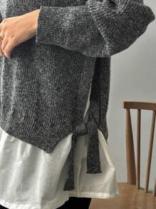 FRIFUL Áo len chui đầu rộng rãi màu tương phản dành cho nữ với thiết kế 2 trong 1 và xẻ tà bên hông - Xám - Xem 7
