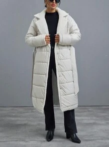SHEIN Cottnline Puffer Jacket With Dropped Shoulder Line, Welt Pocket, Slot In The Side Seam And Snap Closure, Wide English Collar Made From Teddy Bear Fabric - Beige - View 5