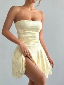 SHEIN Unity Váy ngắn dệt kim nhún bèo hở lưng phong cách Y2K giản dị dành cho nữ có hai bên nhún bèo cho mùa hè - Màu vàng - Xem 6