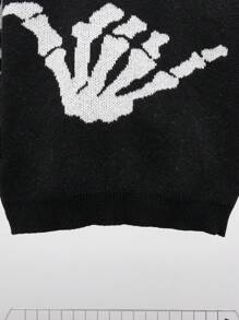 SHEIN 青少年男童休闲舒适百搭万圣节街头风保暖骷髅字母提花针织圆领宽松保暖毛衣，适合返校、秋季、秋冬季穿着。 - 黑與白 - 查看 4