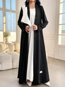 Al Najma Women's Color Block Lapel Neck Long Batwing Sleeve Long Loose Modest Maxi Arabian Robe Abaya, Elegant Style For Casual Daily/Work/Evening Parties/Wedding Guest - Black and White - View 6