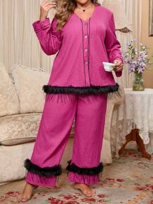Knitted Long Sleeve Sleepwear Set, Plus Size - Hot Pink - View 5