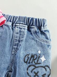 3pcs Baby Girl Ribbed Top, Printed Pants, Embroidered Bomber Jacket Outfit Set - Multicolor - View 8