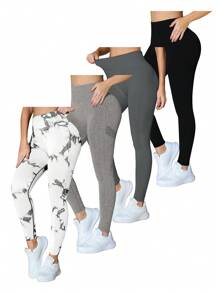 SHEIN Sports Quần legging thể thao giản dị tối giản in họa tiết trơn dành cho nữ - Nhiều màu - Xem 2