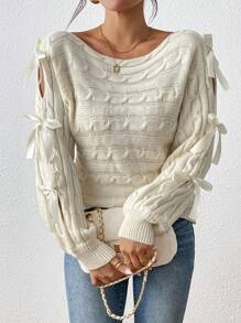 Chiquease Women's Solid Color Round Neck Hollow Out Long Sleeve Bow Decor Sweater, Autumn & Winter, Knit Pullover Fall - Apricot - View 3