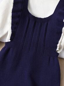 SHEIN Vintaside Kids 女嬰針織毛衣連身褲，藍色吊帶褲，保暖舒適休閒優雅套裝，適合日常、戶外、旅行，秋季穿著 - 藏蓝色 - 查看 8