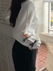 DAZY Women's Solid Color Crew Neck Short Hollow Out Bowknot Decor Sweatshirt,Fall Clothes