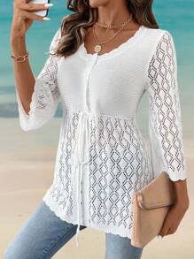 SHEIN LUNE INS Style Fashion Vacation Adjustable Drawstring Hollow Out Cardigan - Beige - View 5