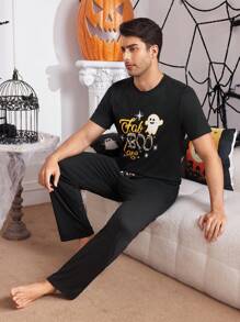 Halloween Ghost Letter Print Men's Pajama Set - Black - View 4