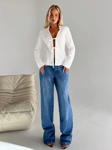 Aloruh 女士休闲棉麻深 V 领蝴蝶结前宽松长袖衬衫女士衬衫长袖衬衫白衬衫女士衬衫外出上衣工作女士衬衫秋季衬衫秋季女士衬衫白衬衫女士 - 白色 - 查看 3