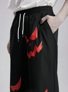 ROMWE MEN Goth Men's Drawstring Waist Graphic Print Slant Pockets Casual Woven Black And Red Pants, For Halloween - Black - View 2
