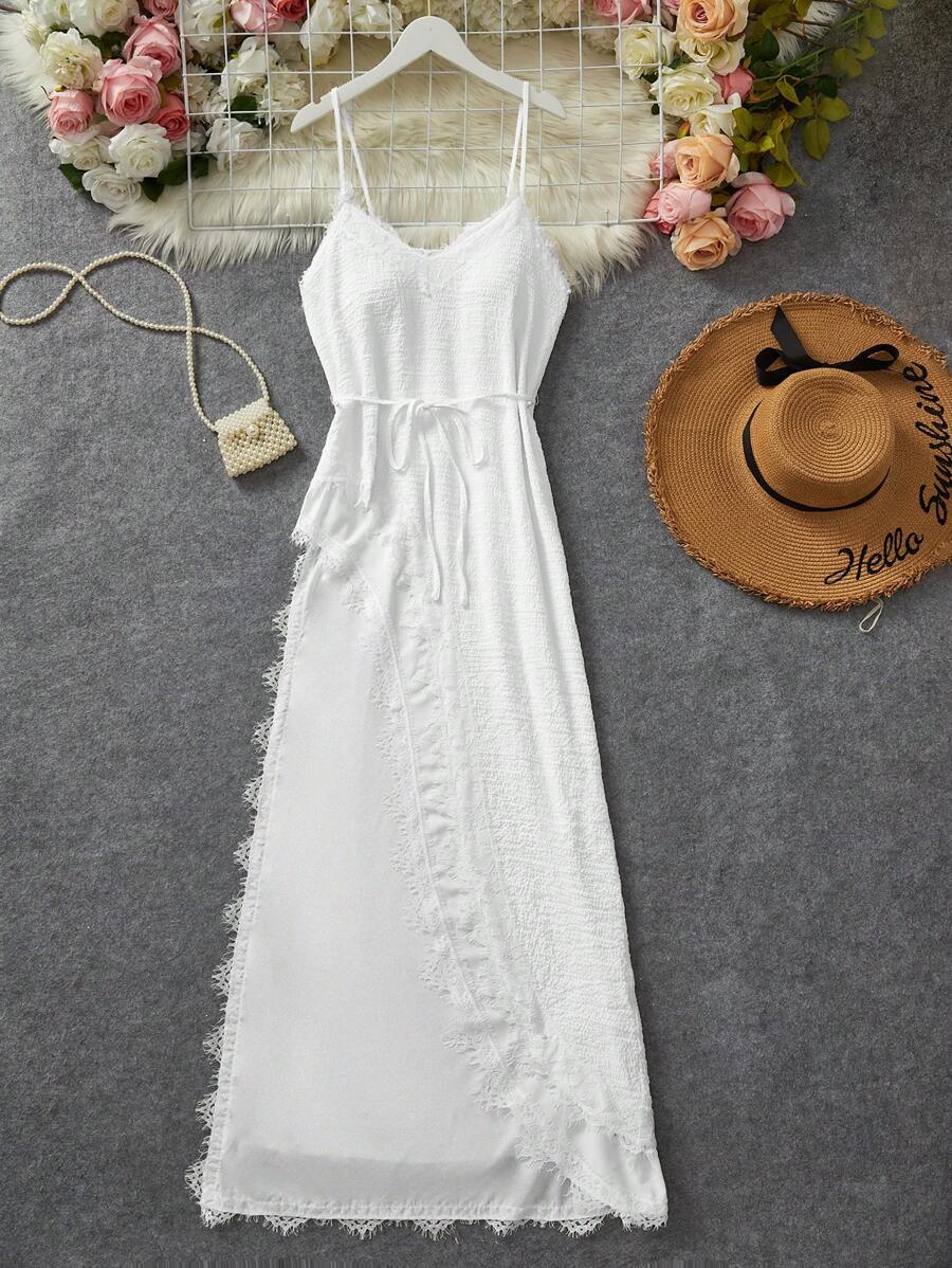 SHEIN VCAY Leisure Solid Color Woven Integrated Asymmetrical Hem Women's Tank Top - White - View 1