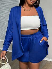 Slaydiva Women Plus Size Solid Blue Shorts And Cardigan Set - Royal Blue - View 3