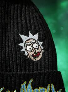 Rick and Morty X SHEIN Gorro de punto negro con bordado de personaje de dibujos animados, pompón de neón - Negro - Ver 5