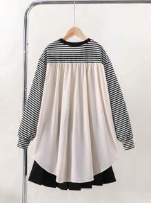 SHEIN 2pcs Tween Girl Knit Asymmetrical Patchwork Top And Pleated Skirt Set