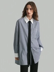 Ontre 蓝色条纹拼布超大长款休闲工作衬衫宽松衬衫 - 彩色 - 查看 7