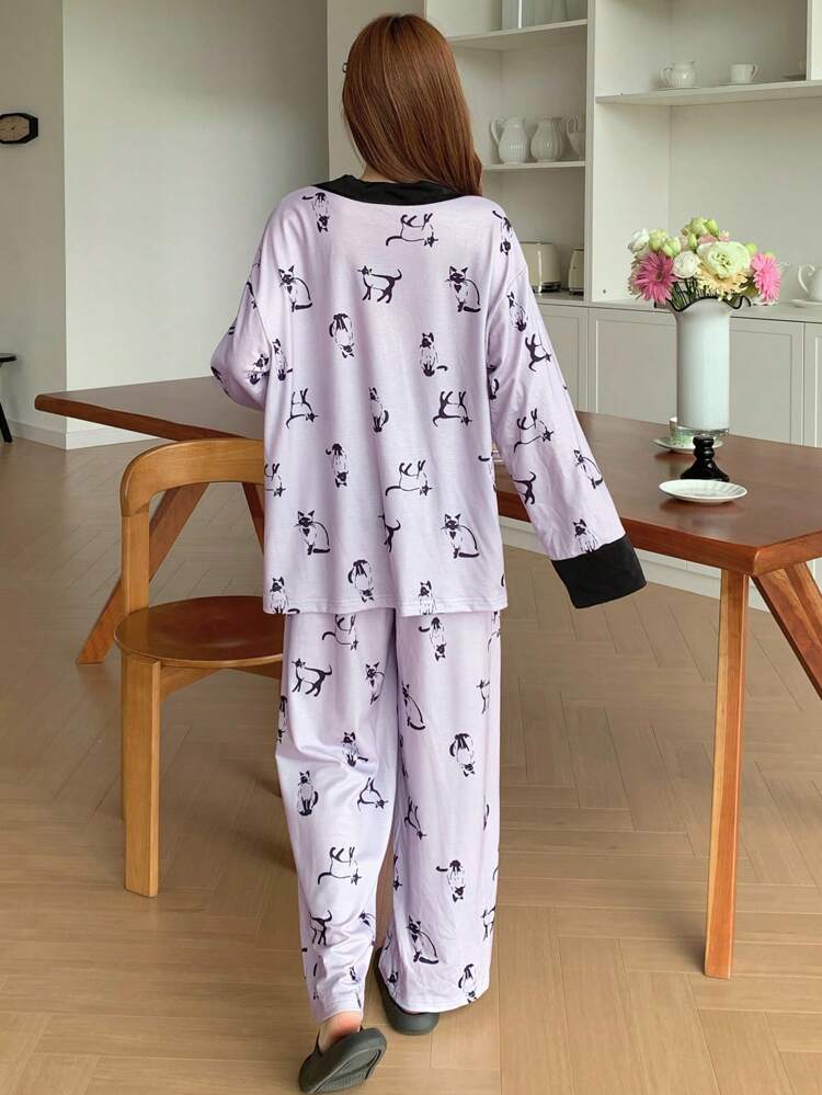 Women's Cat Print Color Block Long Sleeve Pajama Set