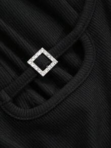 DAZY Hollow Out Neck Design Simple Slim Fit Pajama Set - Black - View 10