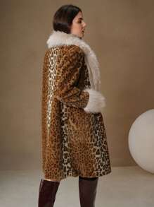 Anewsta 蓬松豹纹蓬松边饰 A 字腰长款女士外套 - 彩色 - 查看 6