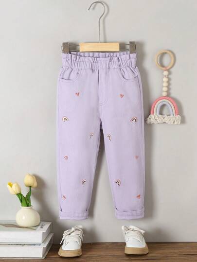SHEIN Young Girls' Cute Sweet Rainbow Heart Print Vacation Style Denim Jeans,Holiday,Summer,Travel Summer Holiday