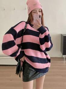 DAZY Women's Loose Fit Contrast Color Crew Neck Sweater,Fall Women Clothes