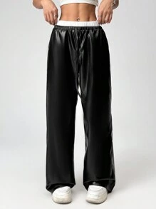 SHEIN EZwear Women's Contrast Color Lace-Up Leather Wide-Leg Casual Leather Pants