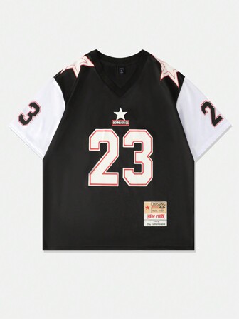 Street Life Maglietta da uomo con blocchi di colore e motivo a pallone da calcio, top sportivo con maniche a contrasto e colletto a costine