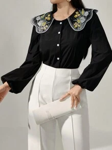 Modelyn Áo sơ mi nữ tay dài cài nút thêu hoa thường ngày - màu đen - Xem 3