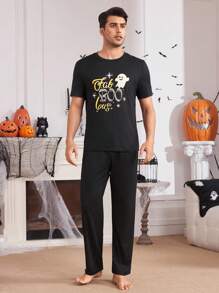 Halloween Ghost Letter Print Men's Pajama Set - Black - View 5