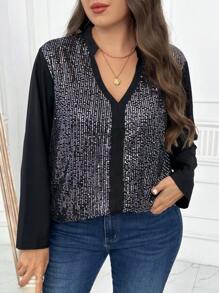 SHEIN LUNE Plus Size Solid Color Sequin Decorated Long Sleeve Casual Shirt