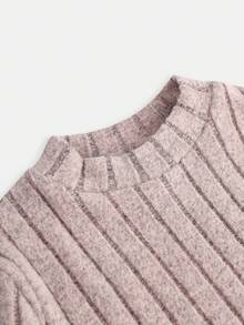 Tween Girl 针织羊毛罗纹针织拼布立领长袖 T 恤和喇叭裤休闲两件套服装，适合秋季、冬季和早春 - 粉色 - 查看 4