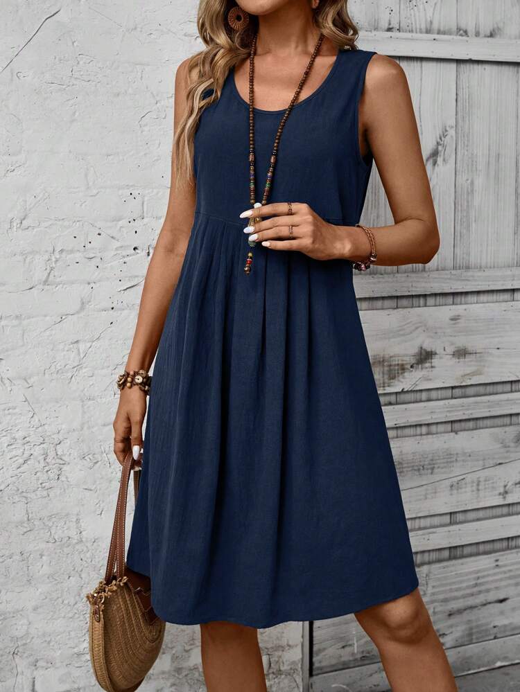 Women Summer Casual Floral Print Sleeveless Pleated Dress
