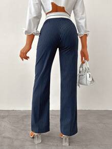 EURMUSE Striped Print Slant Pocket Straight Leg Suit Pants - Navy Blue - View 2