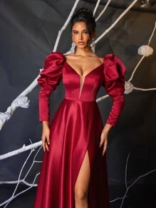 Glamrae 勃艮第红色优雅缎面勃艮第红色羊腿袖网眼甜心领骨高腰喇叭形长礼服，侧高开衩，长袖舞会晚礼服，适合婚礼嘉宾、毕业典礼、晚宴 - 酒紅色 - 查看 3