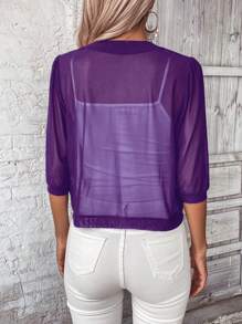 SHEIN LUNE Women's Solid Color Sheer Short Sleeve Jacket - Violet Purple - View 2