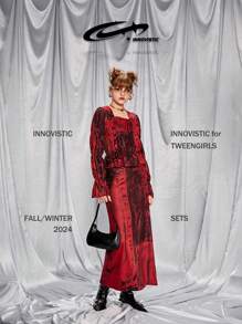 SHEIN 万圣节少女牛仔印花短款上衣和长裙套装，适合搭配单肩包、背包、斜挎包、棒球帽、渔夫帽、贝雷帽、踝靴、休闲鞋、玛丽珍鞋、太阳镜、耳机 - 紅色 - 查看 2