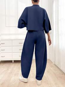 EURMUSE 2pcs/Set Casual Solid Color Daily Co-Ord Set - Jacket And Pants Day Time Navy Blue Autumn - Navy Blue - View 2